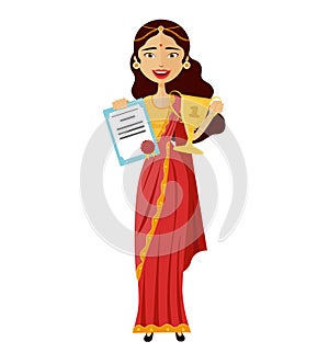 Smiling indian woman raising up trophy certificate character vector isolated on white