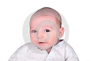 Smiling infant baby boy, isolated on a white background. Happy child. K