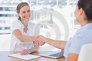 Smiling interviewer shaking hand of an applicant