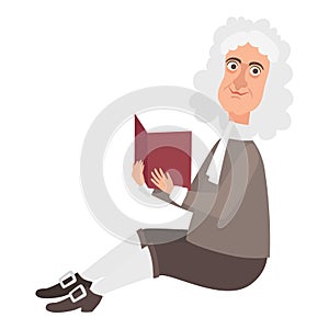 Smiling Isaac Newton read book icon, cartoon and flat style