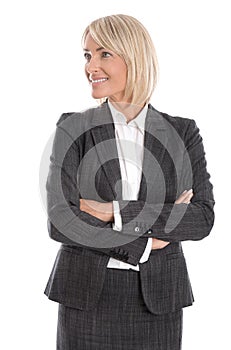 Smiling isolated business woman looking sideways to text. photo