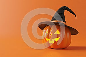 Smiling Jack-o'-lantern with Witch's Hat on Orange Background