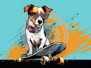 Smiling Jack russell terrier dog sitting on a skateboard as skater wearing sunglasses. Cool dog on skateboard in sunglasses over