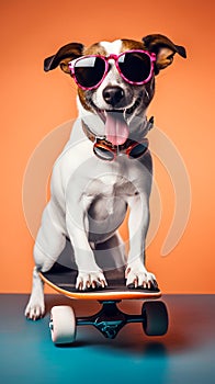 Smiling Jack russell terrier dog sitting on a skateboard as skater wearing sunglasses. Cool dog on skateboard in sunglasses over