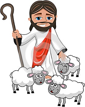 Smiling Jesus Christ Stick Sheeps Isolated