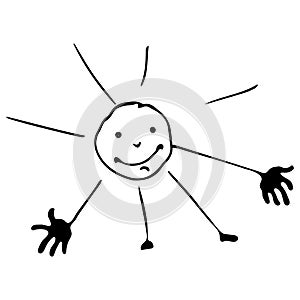 Smiling joyful sun with  palm and legs, ready to hug. Shrovetide, the arrival of spring, the expectation of summer. Vector doodle