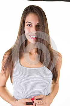 smiling joyfully female with brunette fair hair