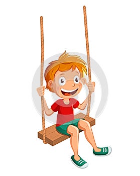 Smiling kid boy swinging on swing. Joyful young child having fun. Isolated vector cartoon