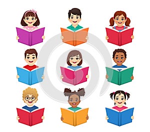 Smiling kids with books avatars