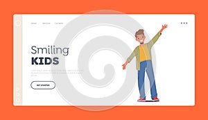 Smiling Kids Landing Page Template. Child Character Express Fun Feelings, Happy Little Boy Laughing with Outspread Arms