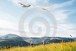Smiling kids sister with launching brother with colorful kites - popular outdoor toy on the high grass hills meadow. Happy