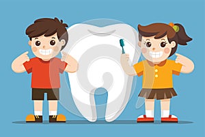 Smiling Kids standing next to big white tooth.