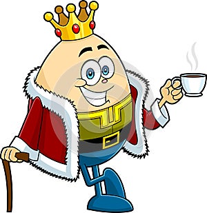 Smiling King Egg Cartoon Character Drinking Coffee
