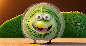 smiling kiwi fruit standing on a wooden surface