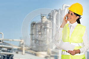 Smiling lady engineer talking on the phone and the factory in th