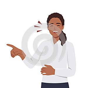 Smiling laughing and positive emotions concept. Young girl standing pointing at something and laughing with open mouth and words