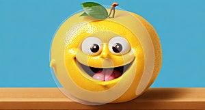 A smiling lemon on a wooden surface.