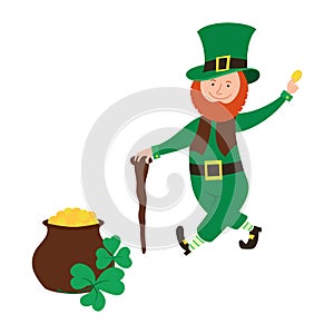 Smiling leprechaun holds a coin in his hand and pot of gold.