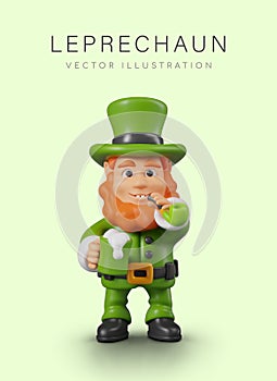 Smiling leprechaun smokes pipe and drinks cider. Vertical poster on green background