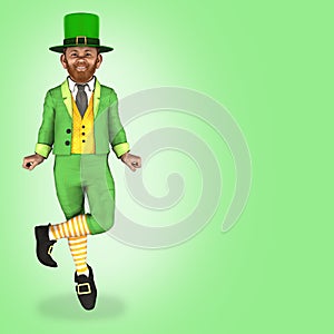 Smiling Leprechaun, wearing a green hat and costume, doing an Irish style dance