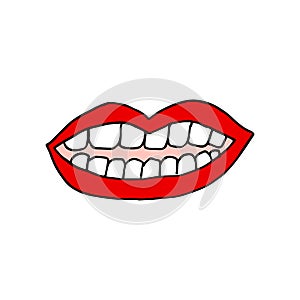 Smiling lips with healthy teeth. Line art. Hand drawn vector illustration. Isolated on white background. Smiling mouth