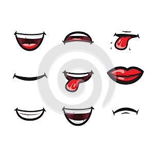 Smiling lips, mouth with tongue, white toothed smile and sad expression mouth and lips vector icon. Lips and mouth photo