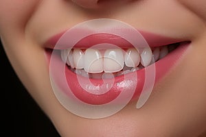Smiling lips, perfect teeth, dental care concept, female mouth close up.