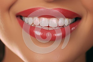 Smiling lips, perfect teeth, dental care concept, female mouth close up.