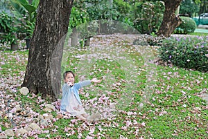 Smiling little Asian child girl sitting on green grass under tree trunk with falling pink flower in the park garden