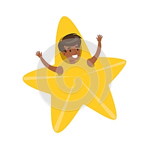 Smiling little boy dressed as an yellow star, performing in theatrical show. Colorful cartoon character vector