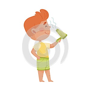 Smiling Little Boy Drying His Hair with Blow Dryer after Taking Bath Vector Illustration