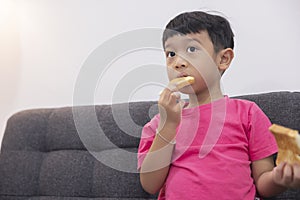 Smiling little boy eating bread and watch TV on comfortable sofa in the living room. Enjoying playing game on digital smart
