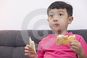 Smiling little boy eating bread and watch TV on comfortable sofa in the living room. Enjoying playing game on digital smart