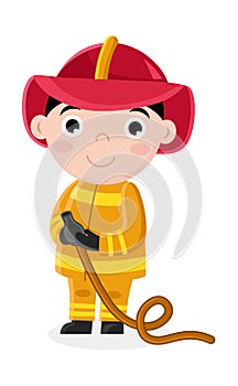 Smiling little boy in fireman uniform with hose