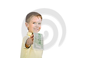 Smiling little boy giving money bill 100 us dollars isolated on