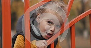 Smiling little boy at playground in park area, closeup portrait of happy face, happy childhood of light-haired child