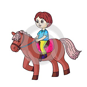 Smiling little boy riding horse isolated on white