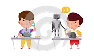 Smiling Little Boy at Table Engineering and Configurating Robot Vector Set