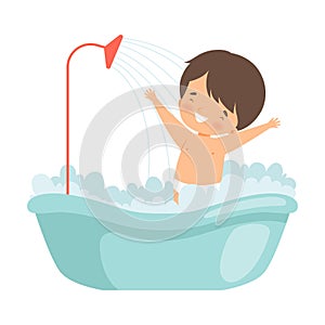 Smiling Little Boy Taking Bath in Bathtub Full of Foam, Adorable Kid in Bathroom, Daily Hygiene Vector Illustration