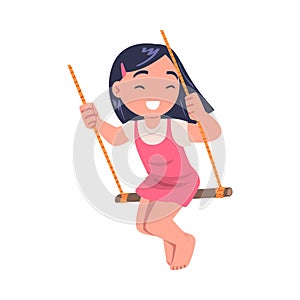 Smiling little brunette girl swinging on swing. Happy child having fun cartoon vector illustration i