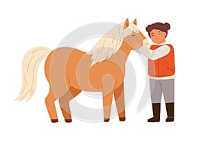 Smiling little girl hugging pony feeling love vector flat illustration. Happy child embracing and taking care to