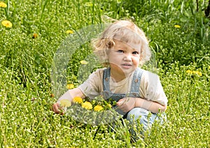 Smiling little girl sitting in the green grass among dandelions