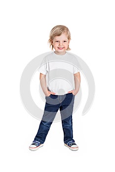 Smiling little girl in white t-shirt isolated on a white