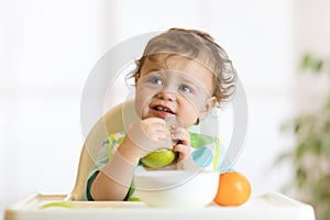 Smiling little kid child baby boy sitting in highchair and eating big green apple fruit portrait indoors
