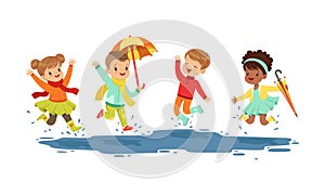 Smiling Little Kids Jumping in a Puddle in Rainy Day Vector Illustration