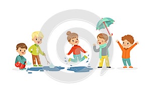 Smiling Little Kids Jumping and Sailing Toy Boats Vector Illustration