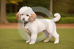 A smiling little puppy of a light brown poodle , generative ai. Cute dog and good friend