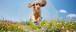 Smiling little spaniel puppy on a beautiful green meadow runs and jumps happily. Cute dog and good friend. Banner, free space for