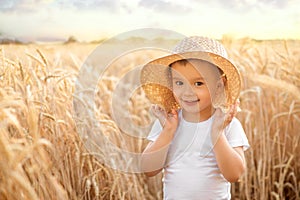 Smiling little toddler boy in straw hat holding fields standing in golden wheat field in summer day or evening