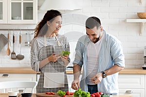 Smiling loving family couple enjoying cooking healthy food.